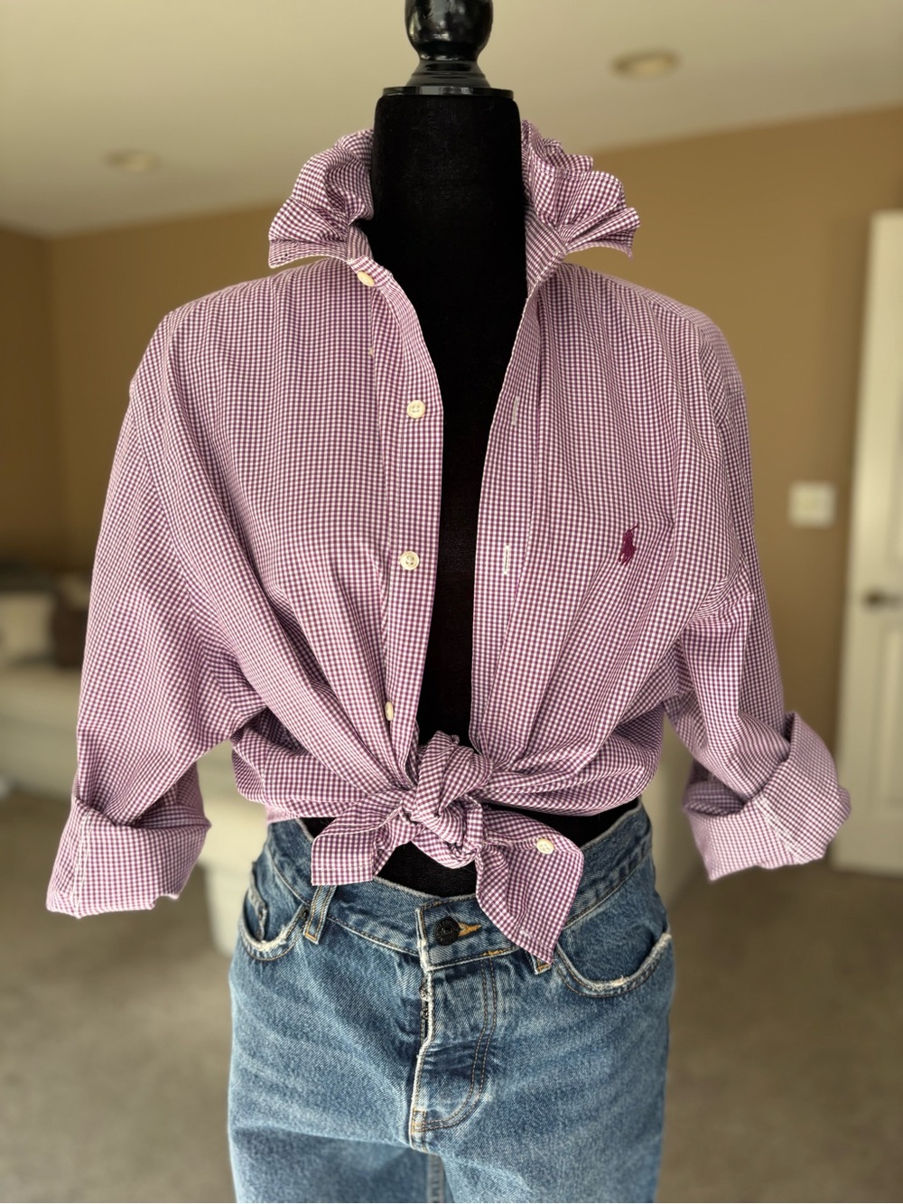 Reworked Ralph Lauren Purple Micro-Gingham Button-Up Shirt